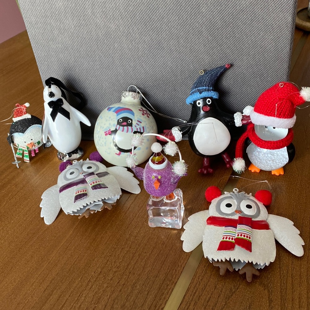Penguin and Owl Holiday Christmas Tree Ornaments Bundle Snowglobe Metal